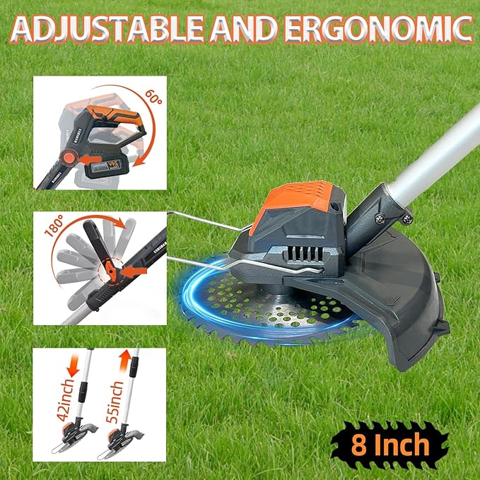Electric Weed Wacker Cordless,24V Weed Cordless Eater Battery Powered,Weed Cutter with 2Pcs 4.0Ah Batteries,1300W Motor,2 Types Blades,Grass/String Trimmer Lawn for Yard and Garden