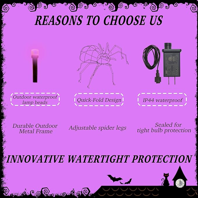 2 Pack 2.5Ft Giant Spider Halloween Decorations Outdoor 30" Light Up Spider with 30 LED Lights for Front Yard, Porch, Garden, Lawn, Halloween Party (Purple)