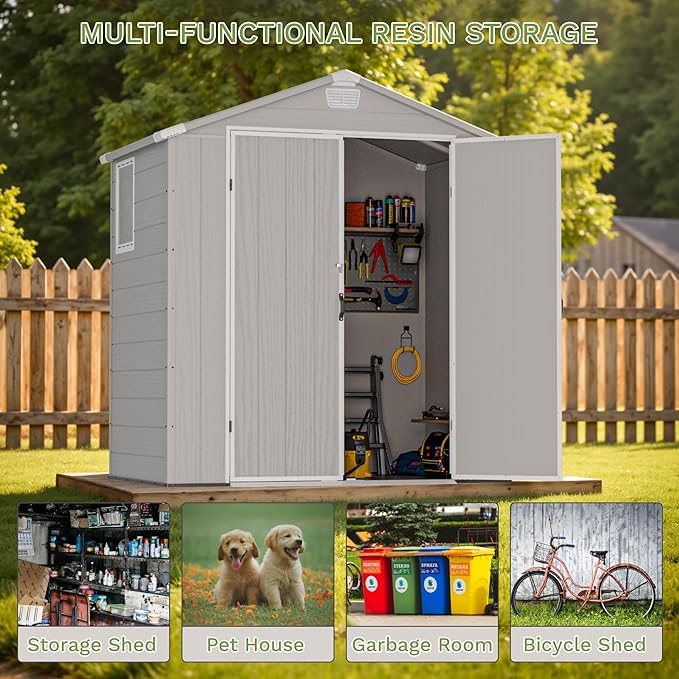 Greesum 6x4FT Plastic Outdoor Storage Shed with Floor, Resin Sheds with Lockable Double Door, Window & Vents, All-Weather Tool Sheds for Garden, Backyard, Patio, Light Gray