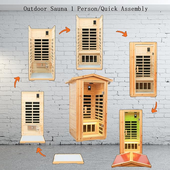 Old Fir Wood Low EMF Far Infrared Outdoor Sauna(1560W) + Infrared Foot Spa Bucket(175W), Home Sauna with LCD Control Panel, Chromotherapy Light, Reading Light, Bluetooth Speaker