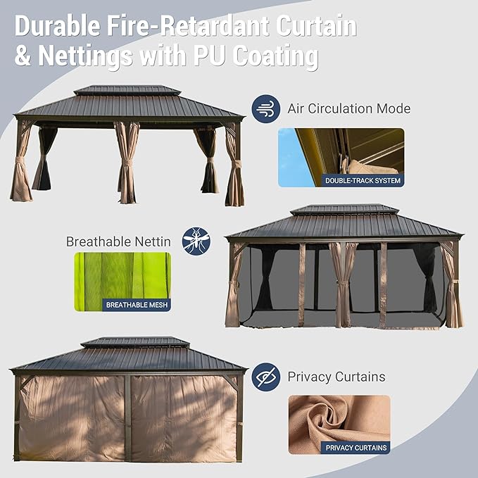 12' x 18' Hardtop Gazebo, Domi Outdoor Aluminum Metal Gazebo with Curtains and Netting, Galvanized Steel Double Canopy for Patios, Deck, Backyard