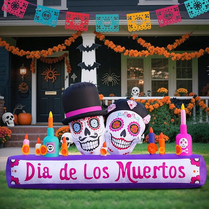 DomKom 8FT Halloween Inflatable Blow Up Decorations, Dia de Los Muertos Day of Dead Catrina Skulls Altar, Built-in LEDs for Holiday Party, Garden, Lawn, Yard, Patio Décor