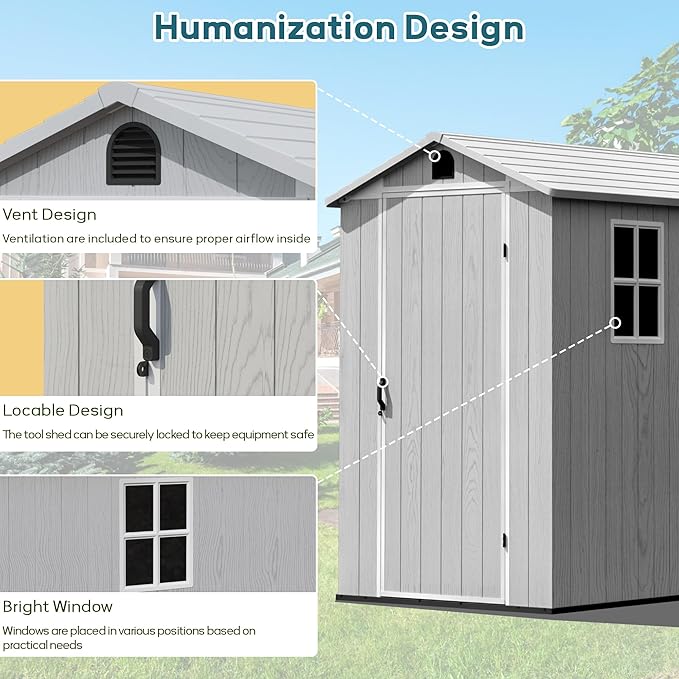 Greesum 4x6FT Plastic Outdoor Storage Shed with Floor, Resin Storaged Sheds with Lockable Door, Window & Vent, All-Weather Tool House for Garden, Backyard, Patio, Light Gray (One-Piece Panel)