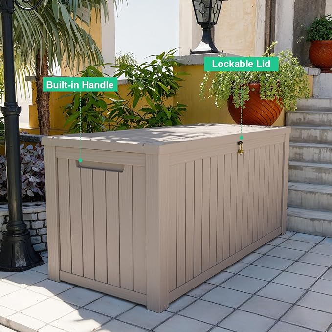 DRATO 200 Gallon Deck Box, Waterproof Resin Large Outdoor Storgae Box for Patio Furniture, Patio Cushions, Gardening Tools, Pool Supplies, Lockable
