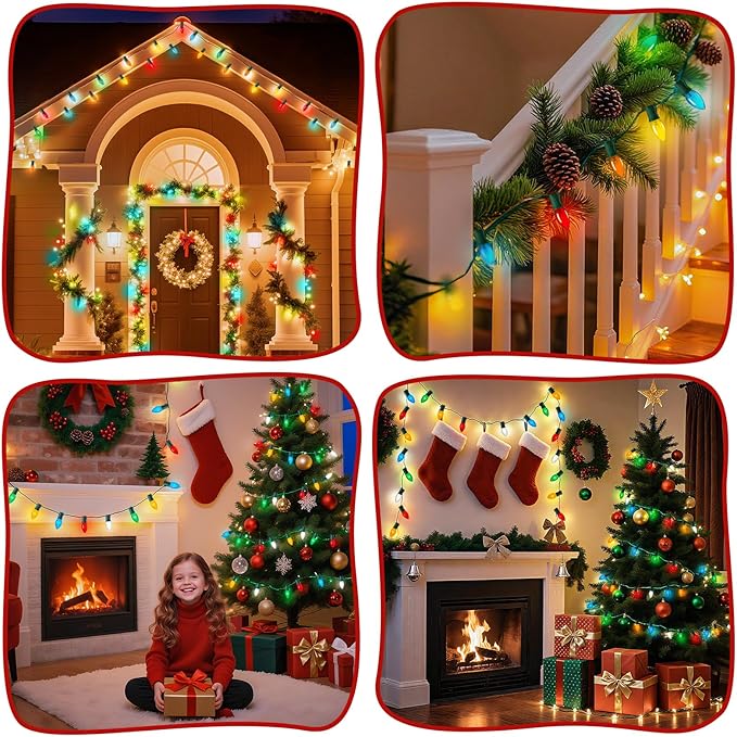 Minetom C9 Multicolor Christmas String Lights, 25FT 25 Blubs Bright & Warm Outdoor Christmas Lights, Long Life C9 String Lights for Tree Patio Gazebo Wreath, Multicolor Green Wire