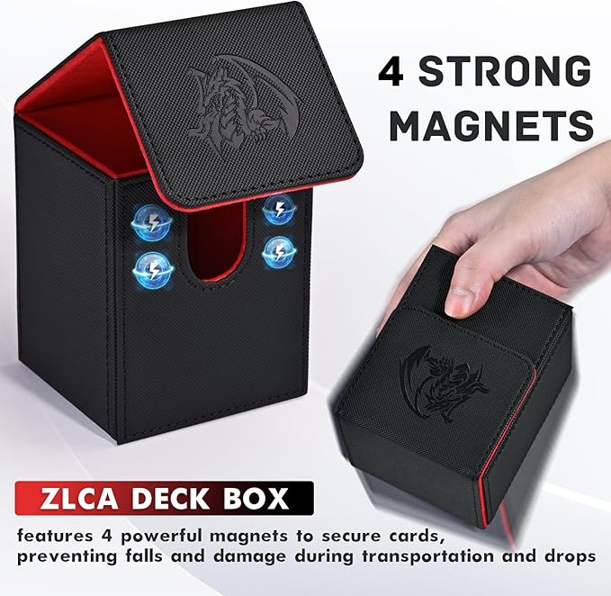 ZLCA Card Deck Box for Trading Cards with 2 Dividers, Card Storage Box Fits 100+ Single Sleeved Cards, PU Leather Card Deck Case Holder for Magic Commander TCG CCG （Black&Red,Emperor Dragon）