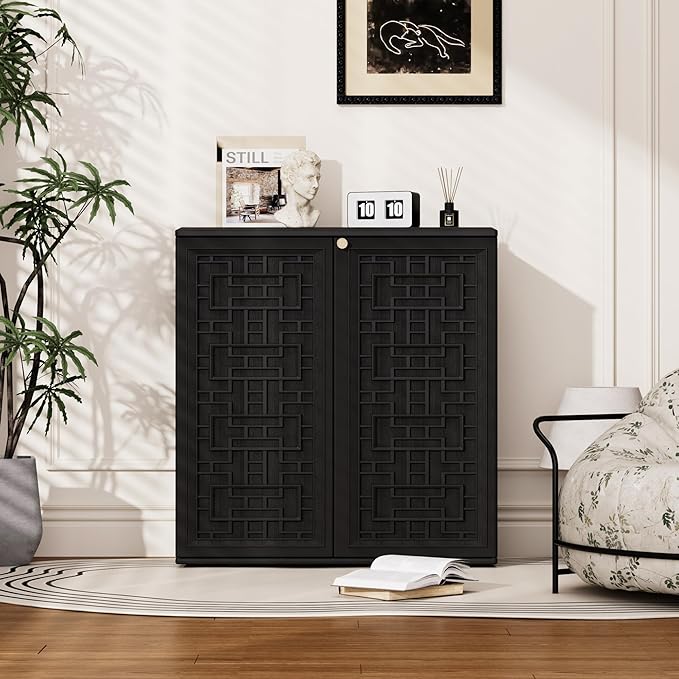 Outdoor Storage Cabinet Waterproof with Shelf,Resin Storage Sheds Outdoor Cabinets for tub towels/chemicals/grill items/Patio/Garden/Backyard, Size 34.3''L*15''W*36.2''H（Black）