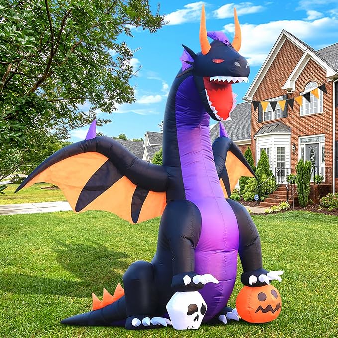DomKom Halloween Inflatable Blow Up Decorations, 7FT Dragon Steps on Pumpkin and Skull, Built-in LEDs for Holiday Party, Garden, Lawn, Yard, Patio Décor