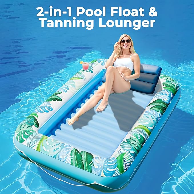 JAMBO Inflatable Tanning Pool Lounger Float, 70 x 47 Sun Tanning Pool Float with Pillow, Water Lounge Raft, Pool Floatie for Adults, Tanning Raft Pool Tub, Water Tanning Bed Kiddie Pool Tanning Floats