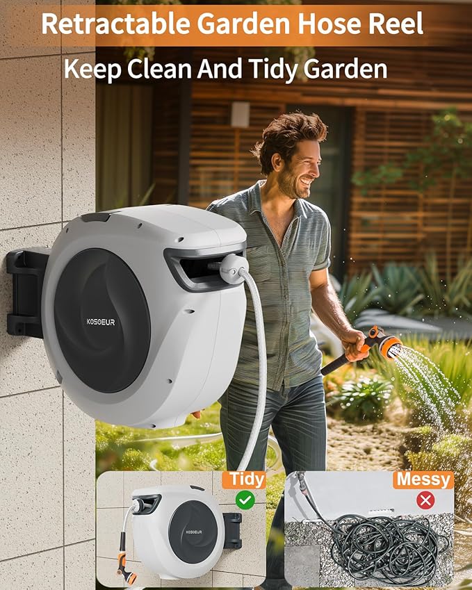 KOSOEUR Retractable Garden Hose Reel, 1/2 in x 65 ft Garden Hose Reel, Automatic Retractable Water Hose Wall Mount with 10 Pattern Nozzle, Slow Rewind System/Any Length Auto Lock 180° Swivel Bracket