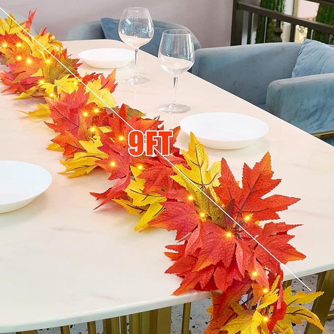 Fall Decorations for Home Large Maple Leaves 9Ft Plug in Fall Lights with 50 Orange Bulbs UL Certified Connectable Fall Decor Garland for Indoor Outdoor Halloween Thanksgiving Harvest Decorations