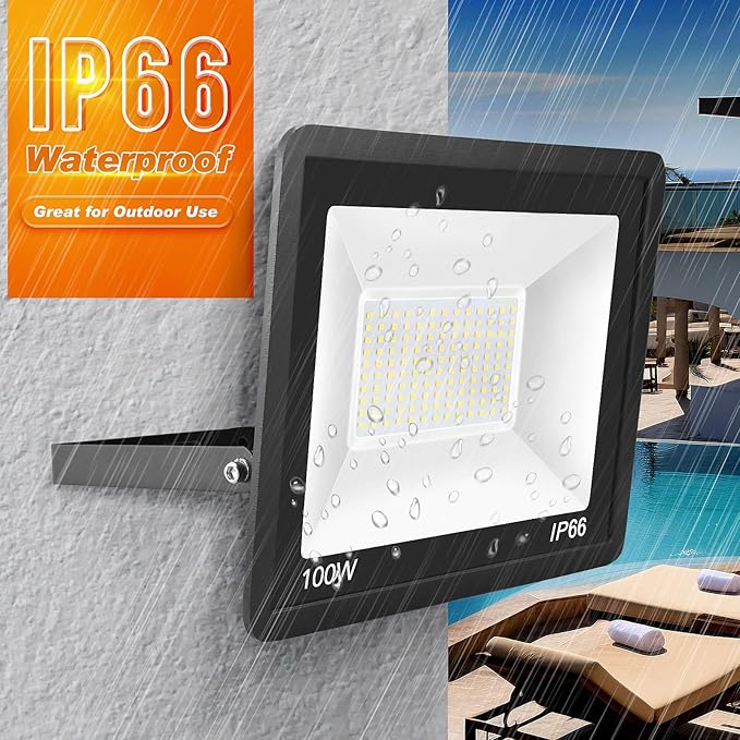 100W LED Flood Light Outdoor, 2Pack 10000LM Super Bright, IP66 Waterproof Outside Work Lights, 6000K Daylight White Security Lights, Plug in Flood Light for Yard Garage Garden Patio