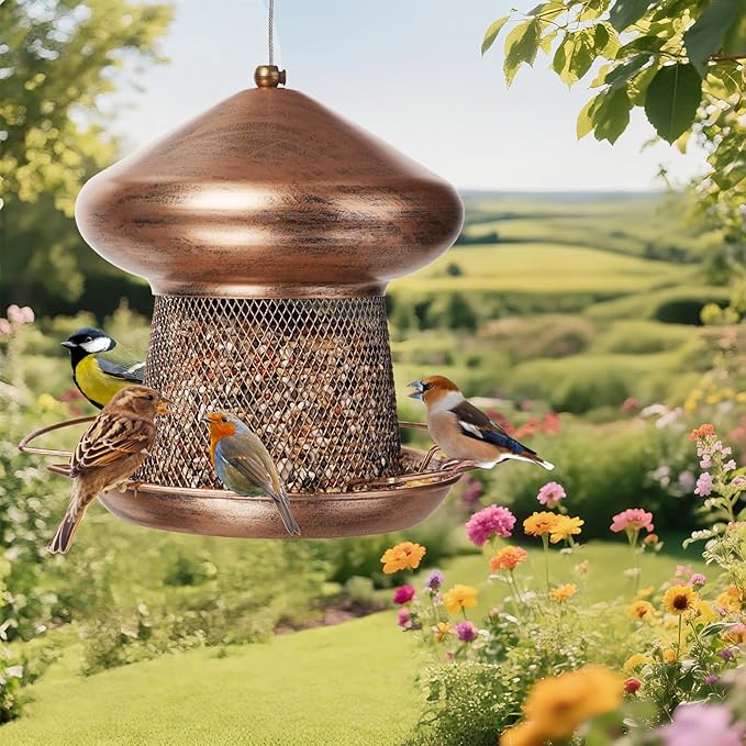 Bird Feeder, Heavy Duty Metal Bird Feeders for Outdoor Hanging, Cute Mushroom Shape 3.5 LB Large Capacity Wild Birdfeeder for Outside Garden Yard (Brown)
