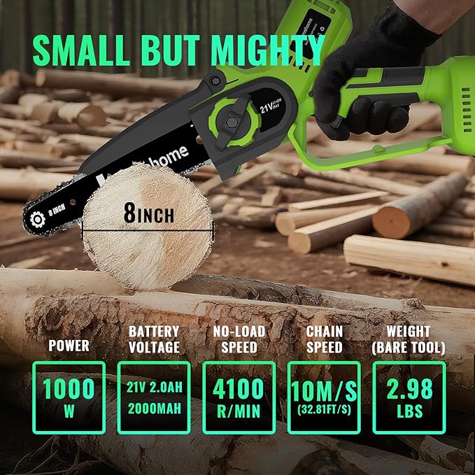 Mini Chainsaw 8inch, Chainsaw Cordless w Automatic Oiler, Handheld Electric Power Chain Saw w Security Lock, Brushless Motor,Chainsaws for Wood/Trees Trimming (Green - 2 batteries, 8 INCH)
