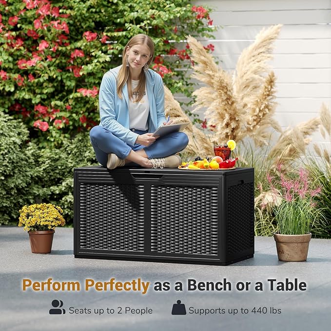 RELAX4LIFE 100-Gallon Resin Deck Box - Waterproof Outdoor Storage Box Container w/Lockable Lid & Wheels, Faux Rattan Porch Bench for Patio Furniture Cushions, Pool Accessories, Garden Tools (Black)