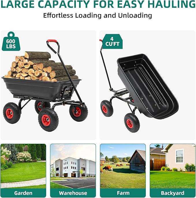 600lb Garden Dump Cart,4 Cu.Ft Utility Wagon Wheelbarrows with Quick-Release System&4 Pneumatic Tires,Heavy Duty Yard Dump Wagon with Steel Frame for Farm, Garden,Christmas Hauling(Black)
