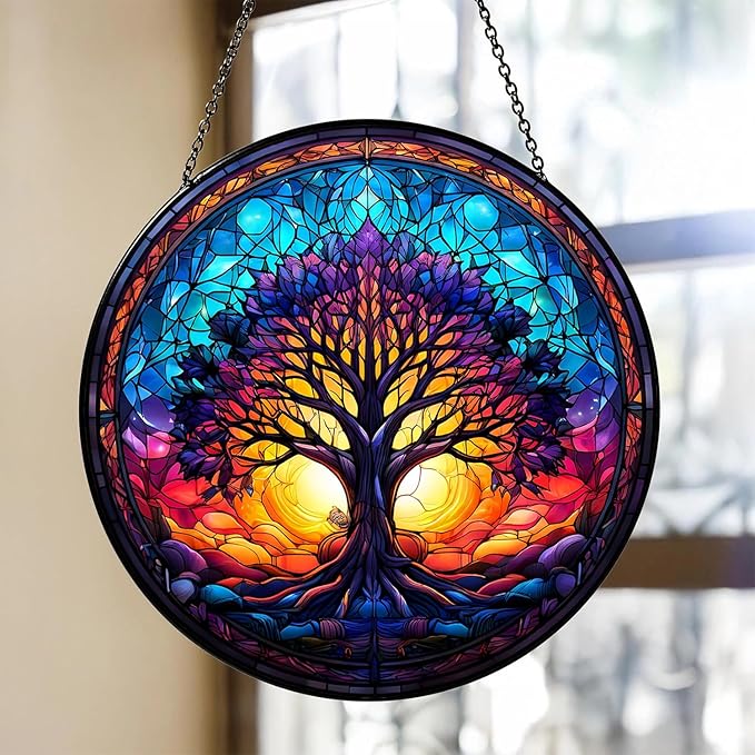 Tree of Life Suncatcher -7.9 in Stained Glass Window Hanging Catcher Garden Decor