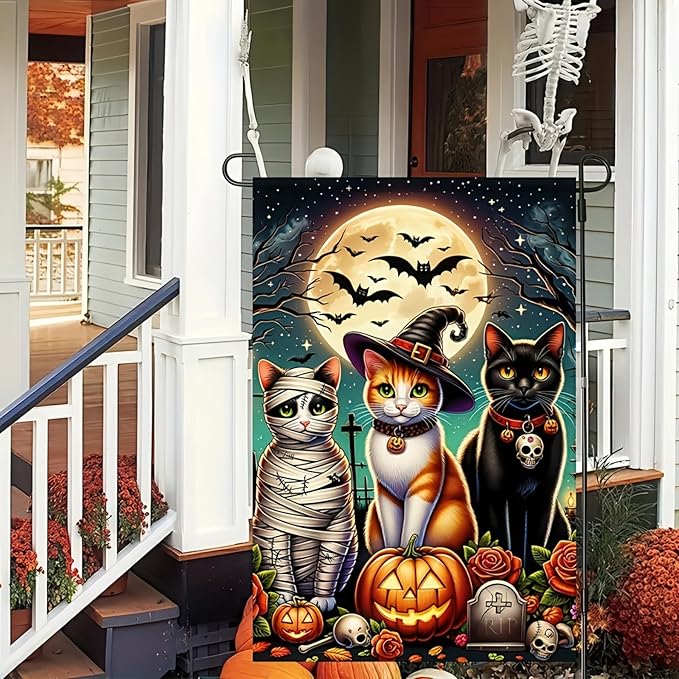 Halloween Decorations Outdoor Garden Flag 12x18 Inch Double Sided Cat Pumpkin Fall Decor Yard Lawn Patio Porch Banner Halloween Garden Flag