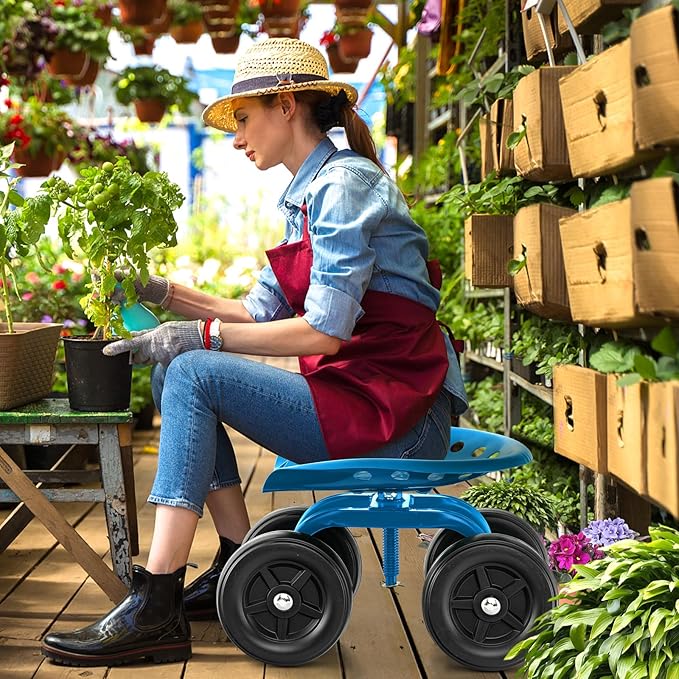 Rolling Garden Seat, Garden Cart with 360° Swivel Work Seat & Adjustable Height, Heavy Duty Garden Seat with Wheels for Lawn Yard Patio Greenhouse Planting Cleaning (Blue)