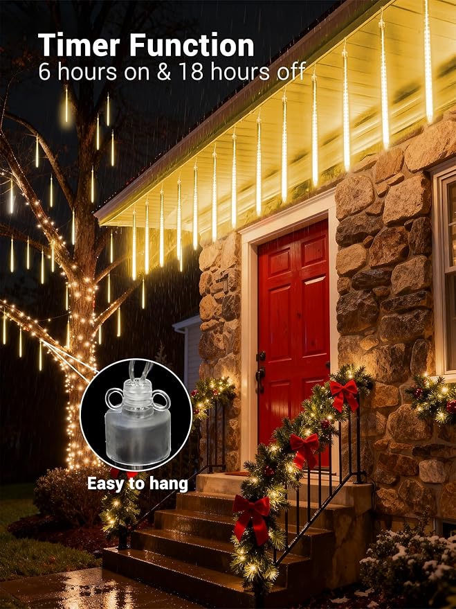 Flacchi Meteor Shower Icicle Lights - 5 Tubes 20" Each 270 LED Cascading Raindrop Lights, Timer Outdoor Waterproof Christmas Decorations for Holiday Party(Warm White)