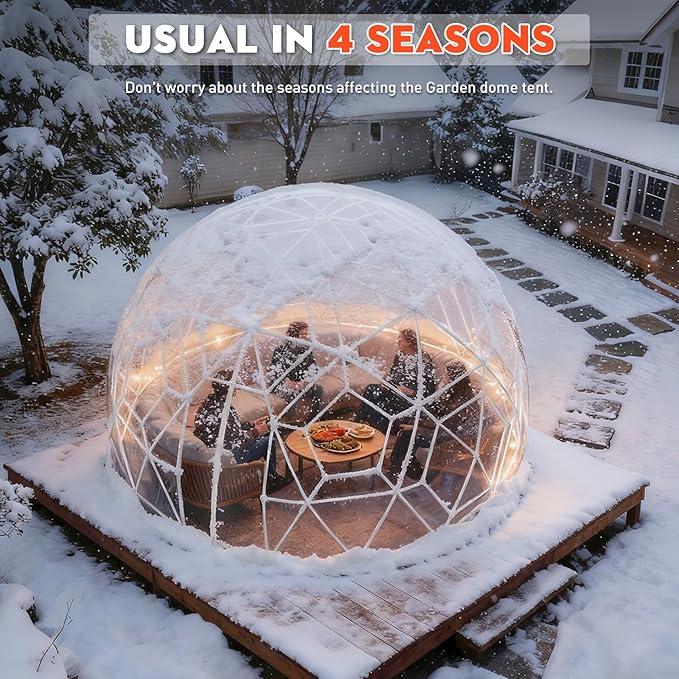 12FT Garden Dome Tent, Geodesic Dome Greenhouse with PVC Clear Cover, Waterproof Garden Bubble Dome Tent House with 2 x 10M Light Strings for Outdoor, Patio, Backyard, Party (Green Edge, 12.5FT/3.8M)