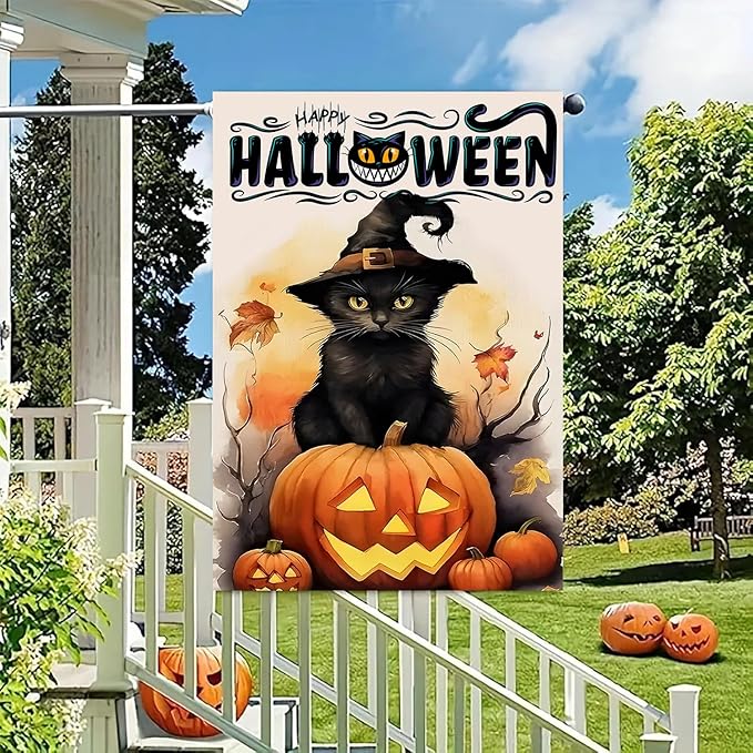 DECORLUXES Halloween Cat House Flag 28x40 Double Sided, Vertical Double Sided Happy Halloween Pumpkin Holiday Outside, Yard Outdoor Decoration for Hom (House + Garden flag)