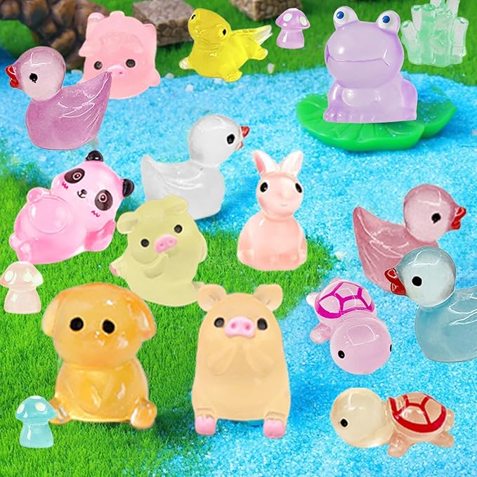 120 Pcs Luminous Mini Resin Animals 12 Styles Glow in The Dark Mini Ducks Pigs Frogs Turtles Chicks Rabbit Puppies Lizards Micro Landscape Decorations for Fairy Garden Landscape Dollhouse Decor Crafts