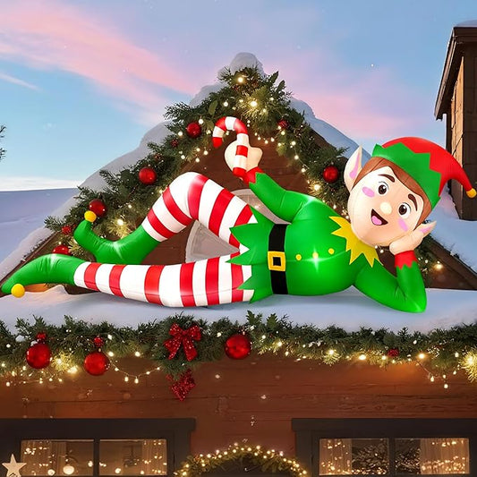 8 FT Christmas Inflatable Outdoor Decoration, Lying Elf Christmas Blow up Yard Decorations with LED Lights, Elf Inflatable Outdoor Decoration for Garden Lawn Roof Xmas Decorations
