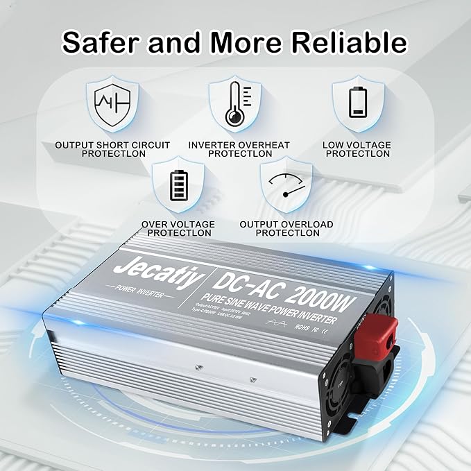 2AC 2000W Pure Sine Wave Inverter, Convert DC 12V to AC 110V 120V, 18W USB, and 30W Type-C Charging Ports, Car Solar Power Inverters for Truck, Home, Vehicles, RV