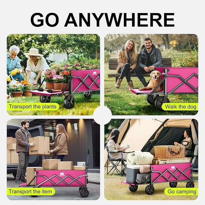 Collapsible Wagons Carts Foldable with Extended Tailgate, Folding Wagon Cart on Wheels, Portable Heavy Duty Shopping Carts for Groceries, Apartment, Garden, Camping, Sports, Outdoor (Pink)
