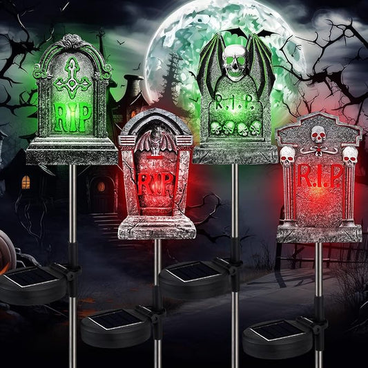 Retisee 4 Pack Halloween Tombstone Solar Lights Outdoors Graveyard Tombstones Glow in The Dark Solar Yard Decorations Waterproof Lights Pathway Halloween Party Favors for Lawn Porch LED(Gravestone)