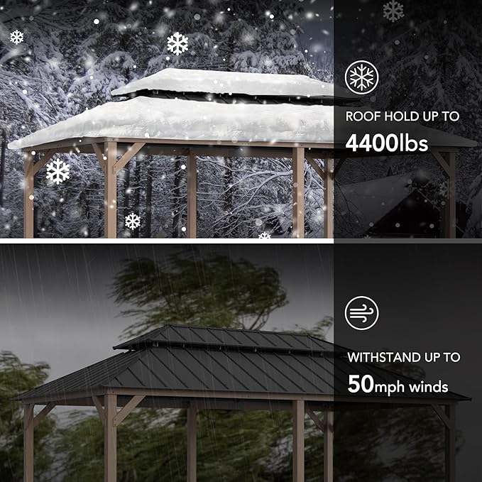 SUNJOY 12 x 20 ft. Wood Gazebo, Outdoor Patio Cedar Framed Wooden Hardtop Gazebo with 2-Tier Metal Roof, Suitable for Patios, Lawn, and Backyard, Dark Brown Roof + Dark Wood Frame