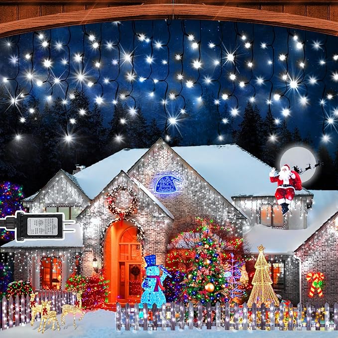 KNONEW 33FT 400 LED Christmas Lights Outdoor Black Wire String Lights with 75 Drops, 8 Lighting Modes, Timer Memory Function Connectable Hanging Curtain Lights for Halloween Party Decor (Cool White)