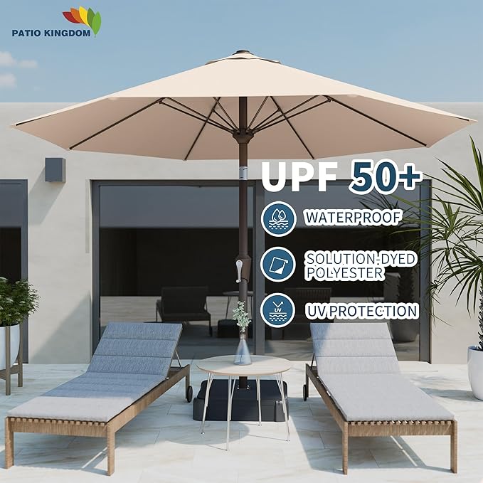 PatioKingdom Auto-Tilt 9FT Patio Umbrella Outdoor with 8 Sturdy Fiberglass Ribs,Market Table Umbrella for Pool,Backyard,Deck and Garden