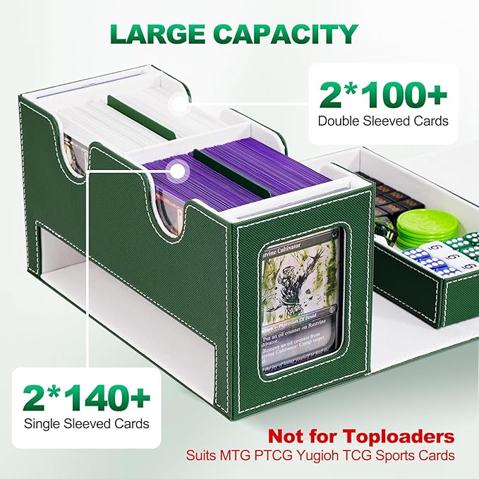 Card Deck Box for MTG, Double Card Storage Box with 2 Commander Display & 1 Dice Tray, Fits 200+ Double Sleeved Cards, Organizer for CCG TCG Sports Cards (Green White)