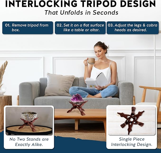 Alternative Imagination Wooden Tripod Stand - 8 Inch Display Stand For Home Decor, Abalone Shell, Crystal Ball and More