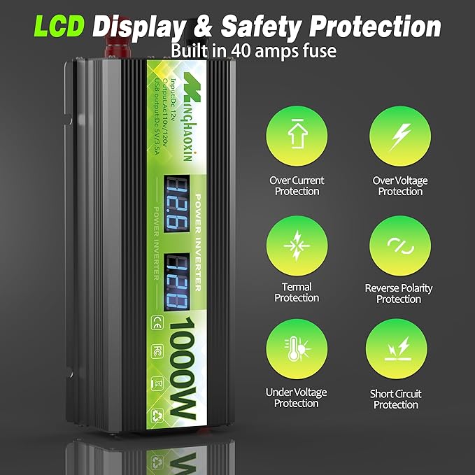 1000 Watt Inverter, 12v Dc to 110v Ac Inverter,Power Inverters for Vehicles, Ac Outlets and 2 USB Ports for Cars, Trucks, Rvs, Homes and Camping