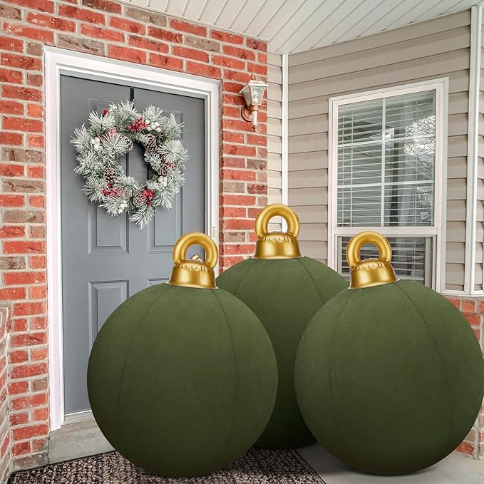 Jetec 3 Pcs 32 Inch Giant Velvet Christmas Inflatable Balls Ornament Flocked Xmas PVC Inflatable Flocked Ball Ornaments for Christmas Holiday Outdoor Blow up Yard Decor(Green)