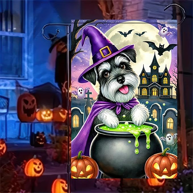 Halloween Schnauzer Garden Flag 12x18 Vertical Double Sided Happy Halloween Pumpkin Dog Garden Flag Holiday Outside Decorations Yard Flag Funny Yard Flags Outside Decor Banner