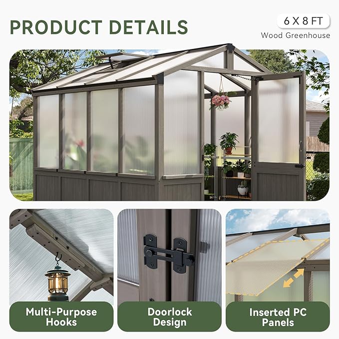 Aoxun 6x8 FT Wood Green House for Outdoors, Polycarbonate Panel Wooden Walk-in Greenhouse Kit with Automatic Temperature Control Roof Vent and Lockable Door, for Outside Backyard Garden, Gray