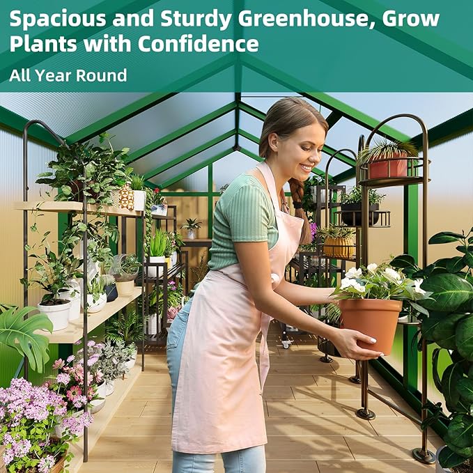 6x10 ft Greenhouse with Roof Vent, Aluminum Walk-in Greenhouses for Outdoors, Heavy Duty Garden House for Backyard, Patio, Easy Assembly