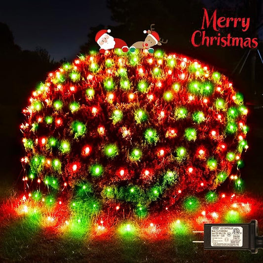 300LED Christmas Net Lights, 14.8ft x 5ft Mesh Lights Outdoor Green Wire 8 Modes Timer, Waterproof Connectable String Lights for Bushes Xmas Tree Garden Holiday Party Decor - Red Green