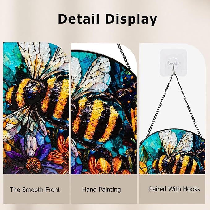 Stained Glass Window Hanging, Bee Yellow Flower Suncatcher for Doors Home Sun Catchers Decoration, Mother's Day Birthday Gifts for Women, Men, and Mom (8 Inch)