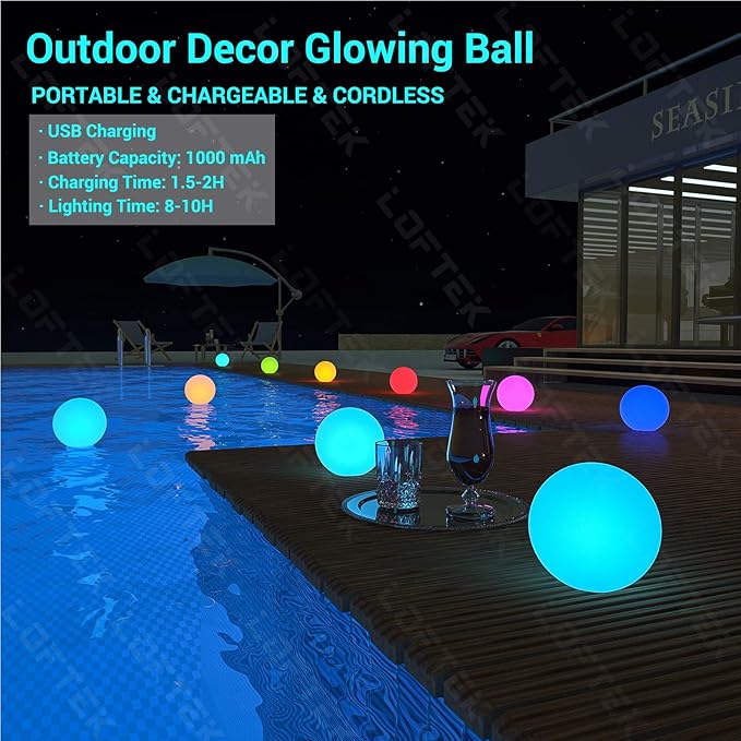 LOFTEK LED Pool Lights That Float - 8-inch Globe Lamp Rechargeable - 16 RGB Lamp with Handle & Remote, Waterproof Lamps for Outdoor Yard Decor, Smart Orb Light for Bedroom, 1-Unit