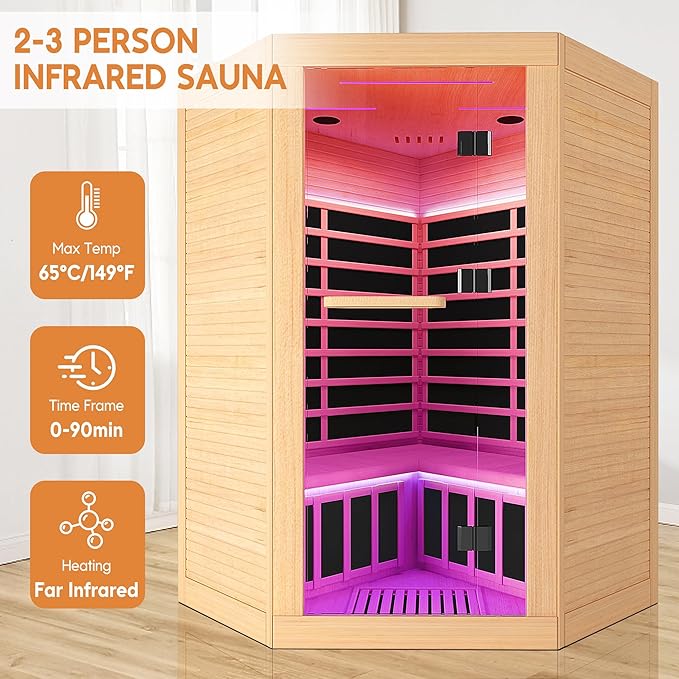 Sauna Infrared Far Infrared Sauna for Home Sauna 2-3 person 2180W with Hemlock Wood Low EMF Dry Sauna for Home Infrared Sauna 2 Person Indoor Sauna for Two Person in Home Sauna with Bluetooth Speakers