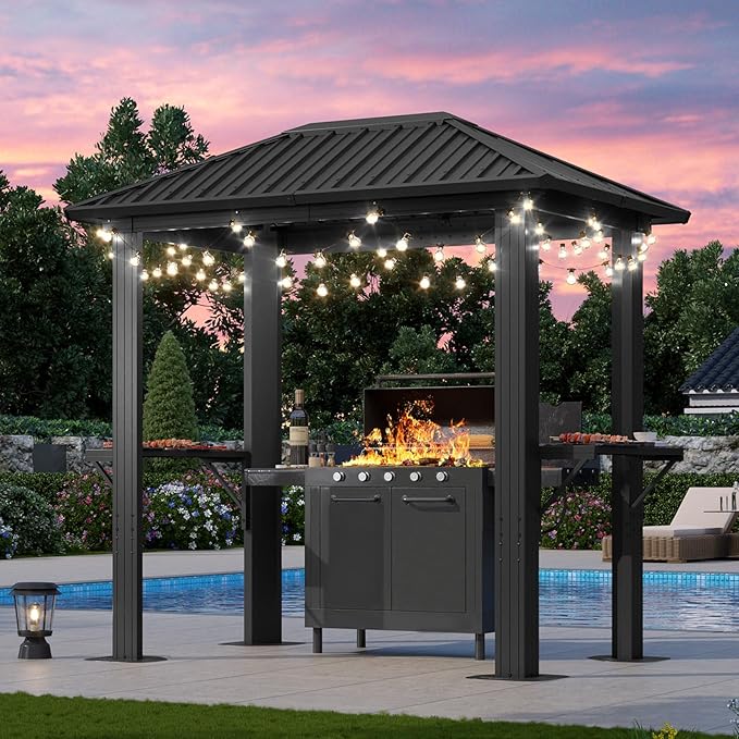 Aoxun Grill Hardtop Gazebo 5'x8', Aluminum Frame Canopy with Galvanized Steel Roof for Outside BBQ Party, Outdoor Metal Pavilion with Double Side Shelves for Backyard, Patio and Deck