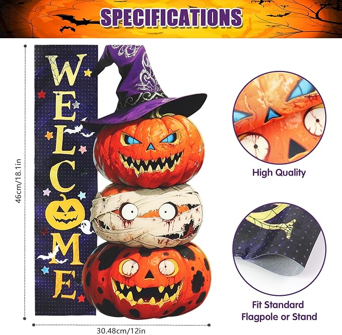 Halloween Pumpkin Monster Garden Flags 12x18 Inch Double Sided, Welcome Funny Small Yard Flags for Outside, Farmhouse Front Porch Outdoor Fall Decor Holiday All Seasons Decoration