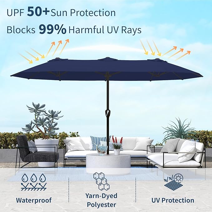15FT Double Sided Patio Umbrella with Base Included Large Outdoor Market Umbrella with Crank Handle, UV Resistant Canopy, Sturdy Frame for Garden, Poolside, Deck, Navy Blue
