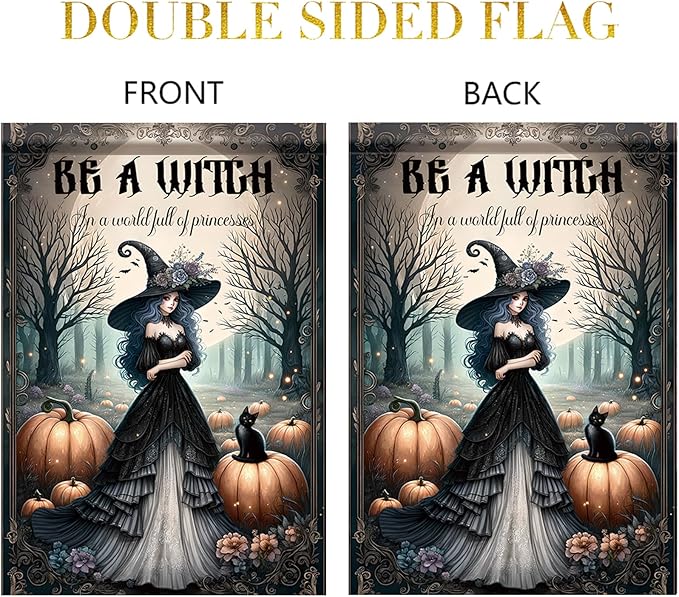 Halloween Witch Garden Flag 12x18 Inch Double Sided for Outside Witch in Black Dress Pumpkin Cat Yard Flag for Outdoor Holiday Home Decor
