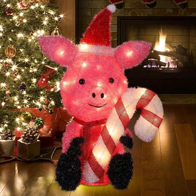Prsildan Christmas Lighted Decoration 21" Pink Pig, 35 Lights 3D Pig with Christmas Hat & Candy Canes, Cute Decorations for Indoor Outdoor Home Kitchen Yard Garden Holiday Party